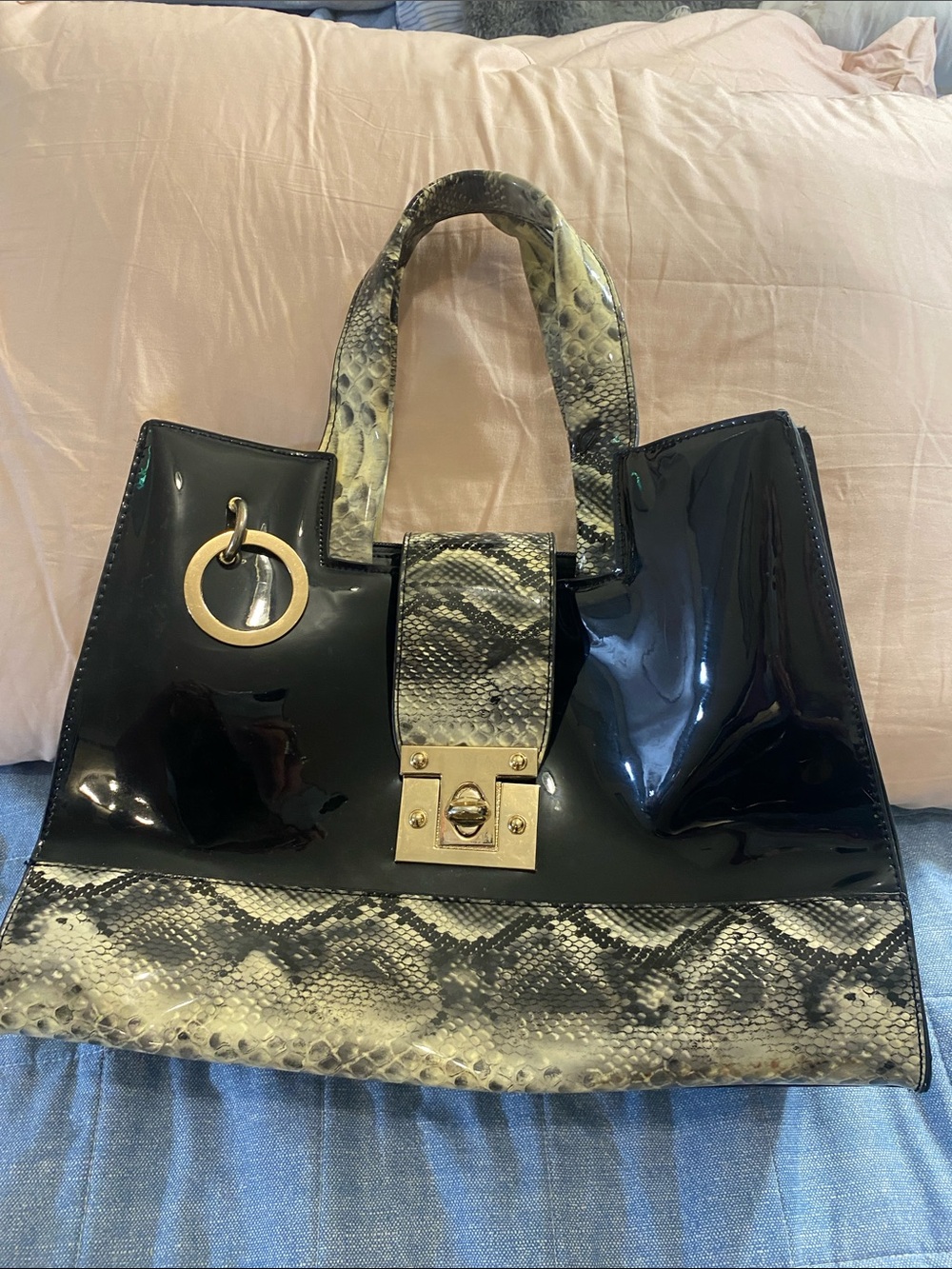 Black Patent Furla Tote with Snake-Print Trim and Gold Hardware